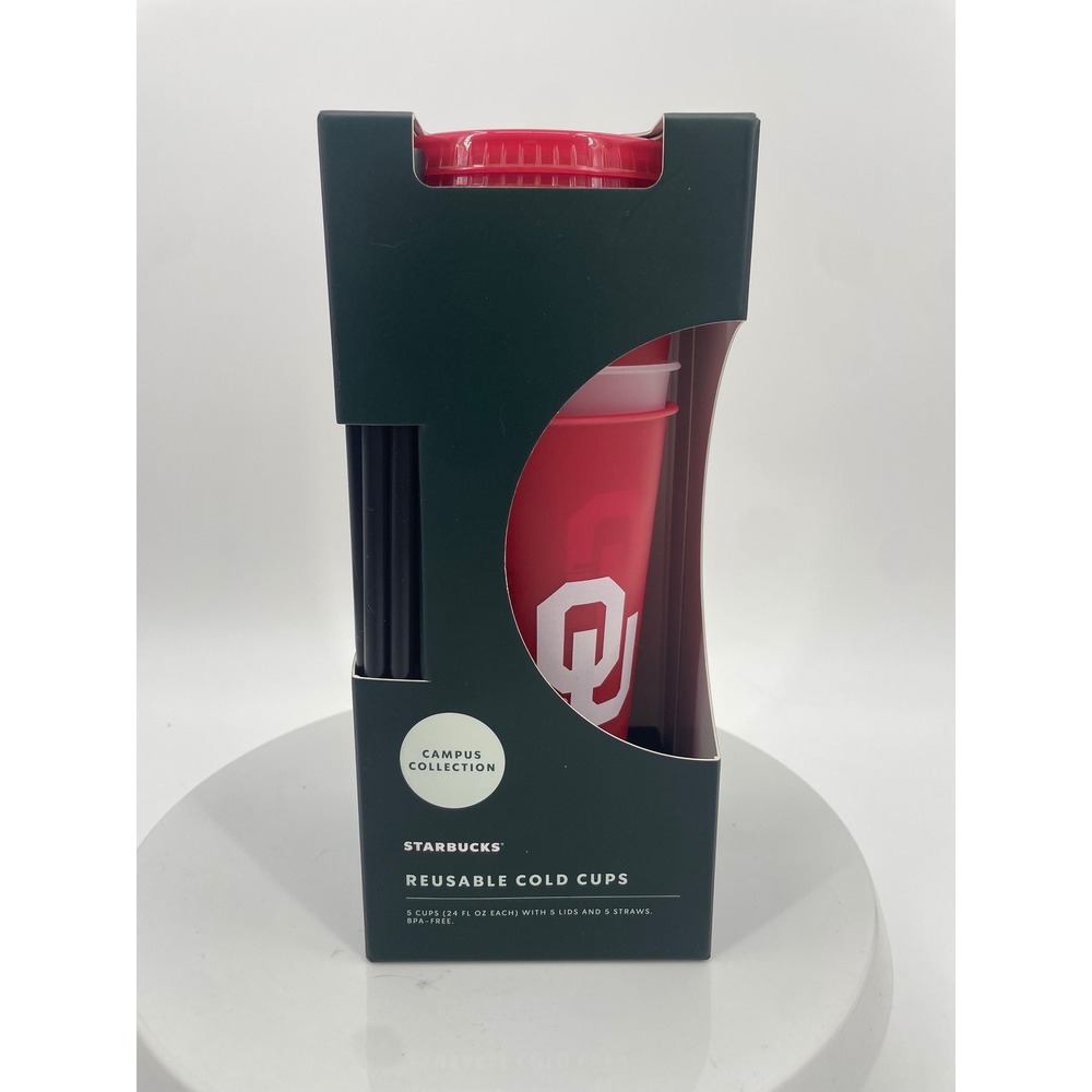 Starbucks OU Sooners Cold Cups 24oz Red White Plastic 5pk Campus Collection New